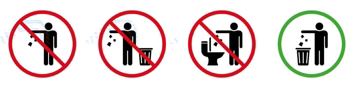 Keep Clean Silhouette Sign. Allowed Throw Rubbish, Waste, Garbage in Bin Symbol. Do Not Throw Trash in Toilet Glyph Icon. Warning Please Drop Litter in Bin Sticker. Isolated Vector Illustration.