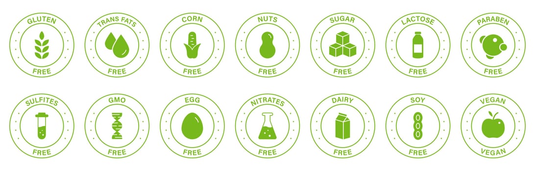 Free Allergy Ingredient Silhouette Green Stamp Set. Label. No Soy, Transfat, Nut, Gluten, Corn, Dairy, Sugar, Paraben, Nitrates Outline Logo. Vegan Food Icon. Isolated Vector Illustration.