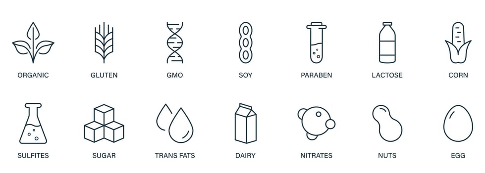 Sugar, Corn, GMO, Dairy, Nitrates, Trans Fat, Soy, Milk, Egg, Paraben, Gluten and Nuts Sign Set. Vegan Food Product Outline Icon. Organic Allergy Ingredient Line Black Icon. Vector Illustration.