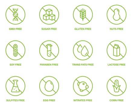 Free Sugar, Corn, GMO, Dairy, Nitrates, Trans Fat, Soy, Milk, Egg, Paraben, Gluten, Nuts Forbidden Line Green Icon Set. Allergen Food Product Ingredient Forbidden Sign. Isolated Vector Illustration.