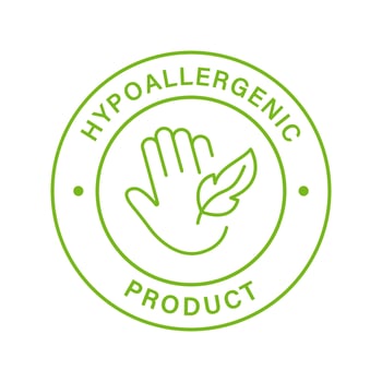 Hypoallergenic Safe Product Line Green Stamp. Safety Hypo Allergenic Cosmetic for Sensitive Skin Hygiene Outline Sticker. Allergen Free Label. Hand and Feather Symbol. Isolated Vector Illustration.