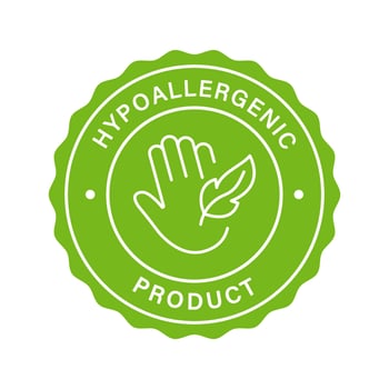 Safe Hypo Allergenic Product Stamp. Hypoallergenic Safety Cosmetic Green Label. Allergen Free Sticker. Hand and Feather Symbol. Hypoallergenic Material Approved Logo. Isolated Vector Illustration.