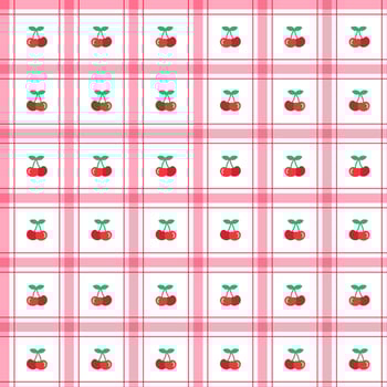 Cute Cherry leaf Fruit Element Red Green Stripe Striped Line Tilt Checkered Plaid Tartan Buffalo Scott Gingham Pattern Cartoon Vector Seamless Pattern Print Background Fashion Fabric Picnic