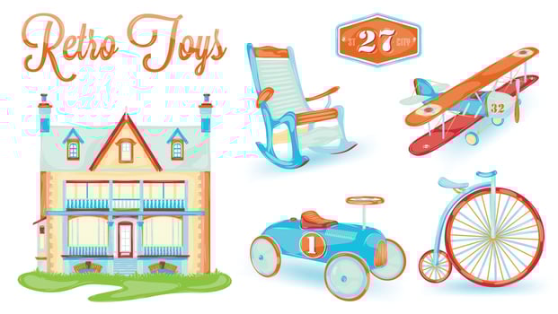Retro toy doll house, bicycle, car, plane, chair, stylized vintage toys, baby vector