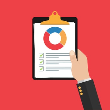 in the hand of man clipboard.Audit research vector icon, financial report data analysis, accounting analytics concept with charts and diagrams.