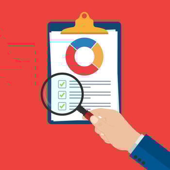 magnifying glass in the hand. Audit research vectors icon, financial report data analysis, analytics accounting concept with charts and diagrams.