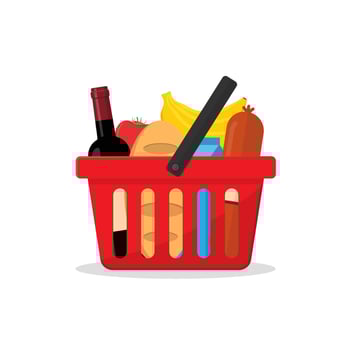 red basket with a set of products from a shop or a supermarket. bottle of wine, a loaf of bread, a packet of milk, a bunch of bananas, sausage and tomato vector