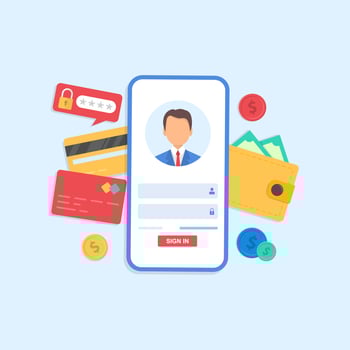 Login to online banking on a mobile phone. Two-step authentication. Money management on credit cards and online wallet from a smartphone. vector