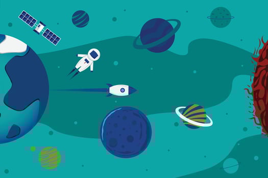 Vector flat space design background with text. Cute template with Astronaut, Spaceship, Rocket, Moon, Black Hole, Stars in Outer space