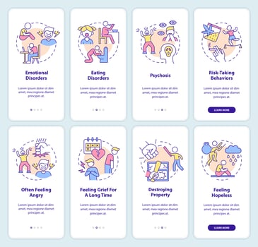 Teen wellbeing onboarding mobile app screen set. Stress-related disorders walkthrough 4 steps graphic instructions pages with linear concepts. UI, UX, GUI template vector