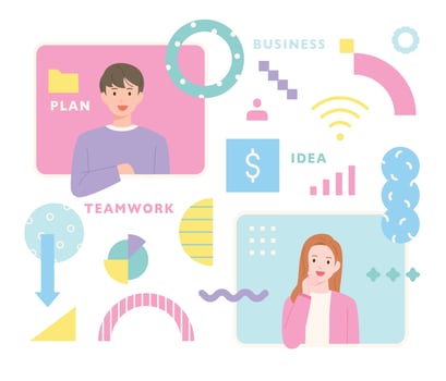 A businessman and a business woman are on their computer monitors. vector