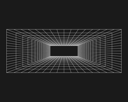 Cyber grid, retro punk perspective rectangular tunnel. Grid tunnel geometry on black background. Vector illustration.