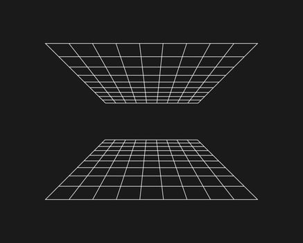 Cyber grid, retro punk perspective rectangular tunnel. Grid tunnel geometry on black background. Vector illustration.