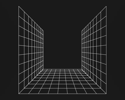 Cyber grid, retro punk perspective rectangular tunnel. Grid tunnel geometry on black background. Vector illustration.