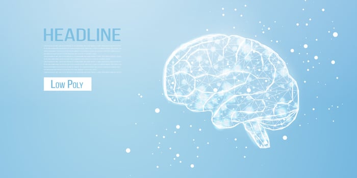 Human brain. Wireframe low poly style. Concept for medical, brain cancer, neural network.  Abstract modern 3d vector illustration on blue background.