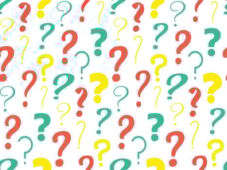 Vector seamless pattern background with bright  sign question marks on white backdrop. Feedback, brainstorm, opinion, reaction, questionnaire, learning concept. business office wallpaper.