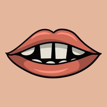 Cartoon pink lips with white square big teeth, vector illustration on beige background