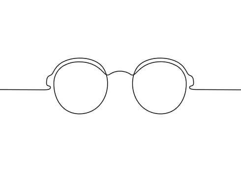 Glasses one black single continuous line art drawing style, sunglasses outline. Front view of eyeglasses minimalist linear sketch. Protection eye from sun. Vector illustration on white background