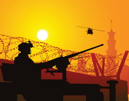 Soldiers guarding the city wall at sunset vector