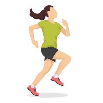 Running woman in modern style vector illustration, healthy person simple flat shadow isolated on white background.