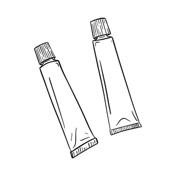 Metal tubes for paint, toothpaste, or glue. Engraving style. Digital drawing. Hand drawn and isolated on white. Black and white vector illustration.