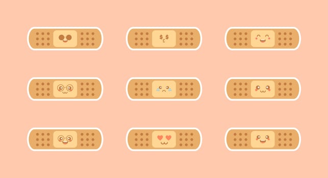 Set of kawaii and cute bandaid character Icons In Different Expressions. Flat design of Adhesive bandage. Vector illustration. Design for kid, health, medical, hospital, healthcare