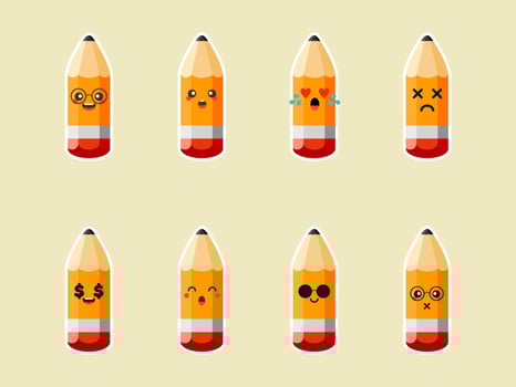 Cute pencil characters with different emotions set vector illustration. funny stationary flat style design for kid, school, education concept