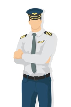 Airplane pilot in modern style vector illustration, man simple flat shadow isolated on white background, captain.