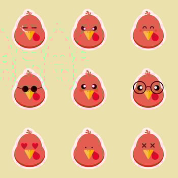 Turkey head with different emoji. Cute Turkey Vector illustration of turkey in cool pose and it's head shows different emotions in flat cartoon style on color background.