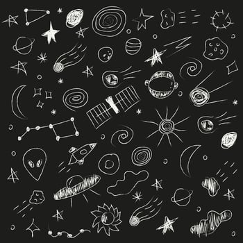 Vector hand-drawn doodle of space. Planets, alien, big dipper, sun, black hole, rocket, moon, satellite, asteroid, spiral, cloud, stars, ufo