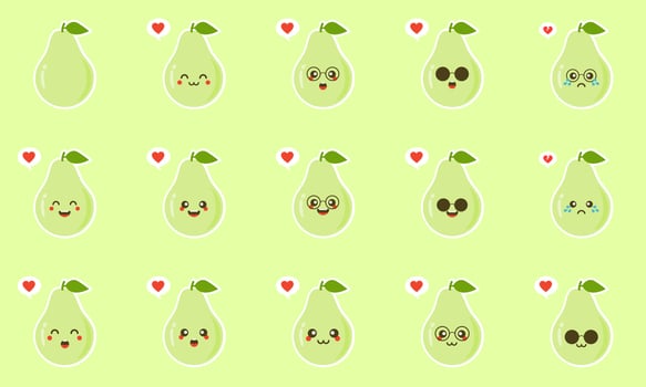 pear . Healthy Food concept. Emoji Emoticon collection. Cartoon characters for kids coloring book, colouring pages, t-shirt print, icon, logo, label, patch, sticker. kawaii and cute modern design vector