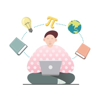 Sitting young man with laptop for work from home in simple modern flat style vector, people and technology concept abstract for your design work, presentation, website. vector
