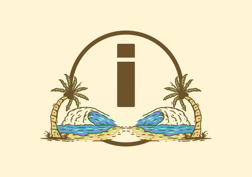 Sea wave and coconut tree line art drawing with I initial letter vector