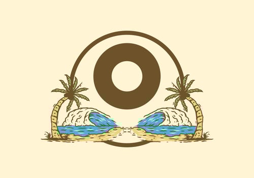 Sea wave and coconut tree line art drawing with O initial letter vector