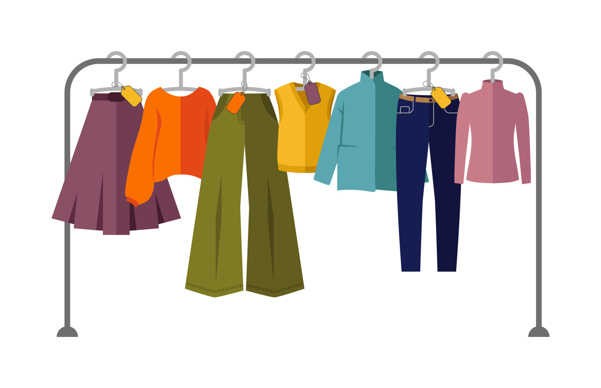 Vector illustration, set of clothes on a hanger. Clothing store, autumn and winter wardrobe. Shopping, store concept. Seasonal sale of clothes. Clothes collection icons set
