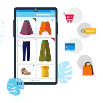 Flat vector illustration, concept of online clothing store. Shopping, buying clothes, shoes. Clothing store products on the smartphone screen. Stages of making an online purchase, business technology