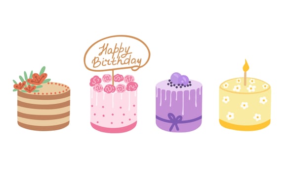 Birthday cake set. Illustration for printing, backgrounds, covers, packaging, greeting cards, posters, stickers, textile and seasonal design. Isolated on white background. vector