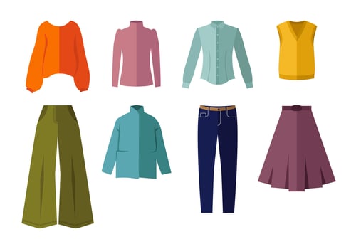 Flat vector illustration, clothes icons set. Autumn and winter wardrobe. Collection of women's clothing