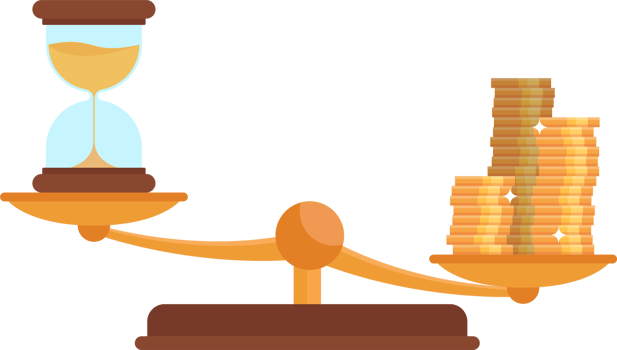 Balance scale with gold coins and hourglass png