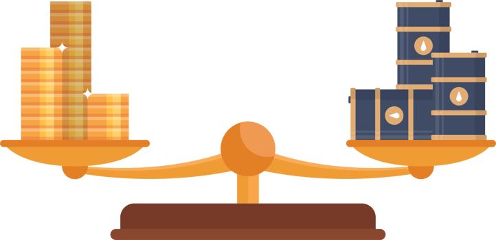 Balance scale with gold coins and oil barrels png