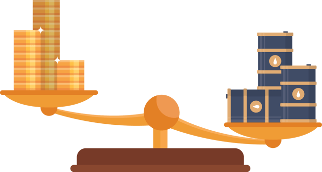 Balance scale with gold coins and oil barrels png