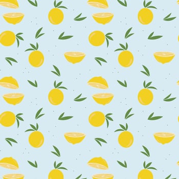 Lemon and leaves pattern on blue light background. Vector. vector