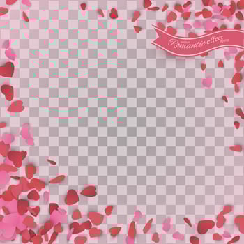 Heart confetti of Valentines petals falling on transparent background. vector