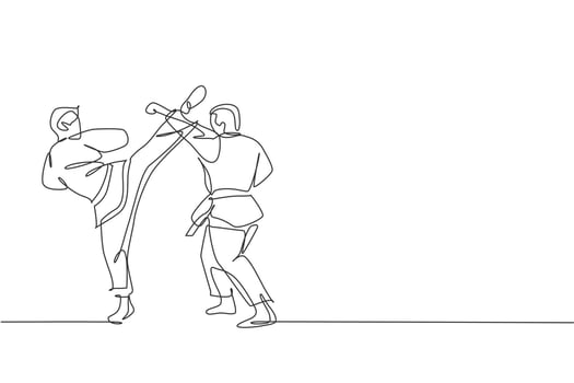 Single continuous line drawing two young confident karateka men in kimono practicing karate combat at dojo. Martial art sport training concept. Trendy one line draw graphic design vector illustration