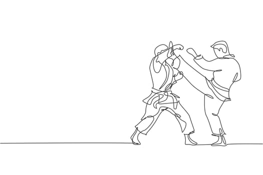 One single line drawing of two young sporty karateka men in fight uniform with belt exercising martial art at gym vector illustration. Healthy sport lifestyle concept. Modern continue line draw design