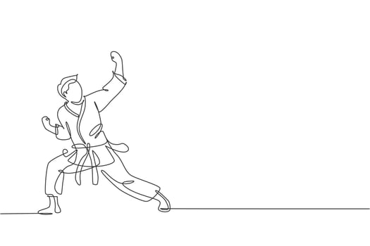One single line drawing of young sporty karateka man in fight uniform with belt exercising martial art at gym vector illustration. Healthy sport lifestyle concept. Modern continuous line draw design