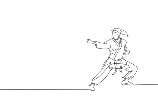 One single line drawing of young sporty karateka girl in fight uniform with belt exercising martial art at gym vector illustration. Healthy sport lifestyle concept. Modern continuous line draw design