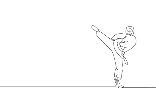 Single continuous line drawing of young confident karateka man in kimono practicing karate combat at dojo. Martial art sport training concept. Trendy one line draw graphic design vector illustration