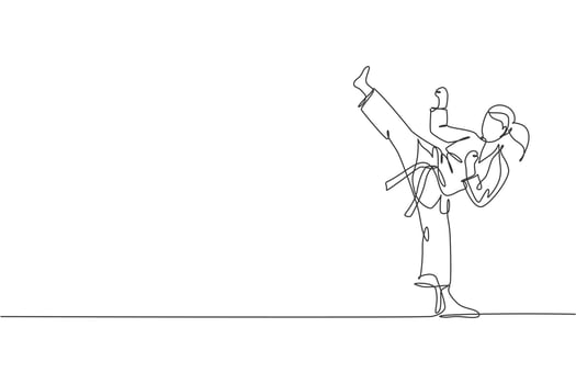 Single continuous line drawing of young confident karateka girl in kimono practicing karate combat at dojo. Martial art sport training concept. Trendy one line draw design vector graphic illustration