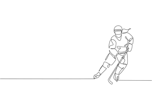Single continuous line drawing of young professional ice hockey player hit the puck and attack on ice rink arena. Extreme winter sport concept. Trendy one line draw graphic design vector illustration